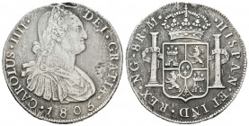 Carlos IV (1788-1808). 8 reales. 1805. Guatemala. M. (Cal-637). Ag. 24,19 g. Oxidaciones marinas. MBC. Est...90,00.