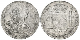 Carlos IV (1788-1808). 8 reales. 1806. Guatemala. M. (Cal-639). Ag. 25,73 g. Oxidaciones marinas. MBC. Est...80,00.