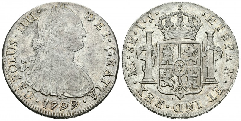 Carlos IV (1788-1808). 8 reales. 1799. Lima. IJ. (Cal-654). Ag. 27,24 g. Restos ...