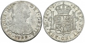 Carlos IV (1788-1808). 8 reales. 1799. Lima. IJ. (Cal-654). Ag. 27,24 g. Restos de brillo original. EBC-. Est...140,00.
