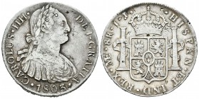 Carlos IV (1788-1808). 8 reales. 1803. Lima. IJ. (Cal-659). Ag. 27,20 g. Pequeños resellos orientales. MBC. Est...180,00.