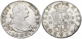 Carlos IV (1788-1808). 8 reales. 1803. Madrid. FA. (Cal-674). Ag. 26,74 g. Limpieza superficial. Escasa. EBC-. Est...260,00.