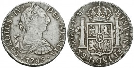 Carlos IV (1788-1808). 8 reales. 1789. México. FM. (Cal-681). Ag. 26,80 g. Busto de Carlos III y ordinal IV. Escasa. MBC. Est...90,00.