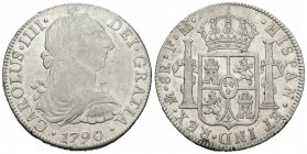 Carlos IV (1788-1808). 8 reales. 1790. México. FM. (Cal-683). Ag. 26,81 g. Busto de Carlos III y ordinal IIII. Rayas en anverso. Escasa. MBC/MBC+. Est...