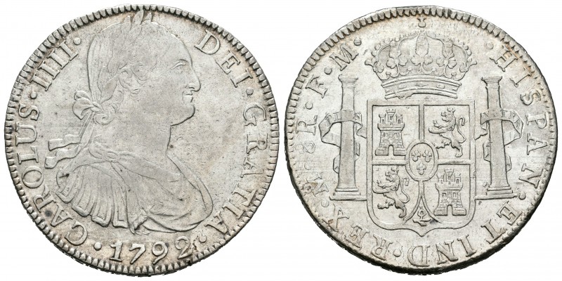Carlos IV (1788-1808). 8 reales. 1792. México. FM. (Cal-685). Ag. 26,89 g. Parte...