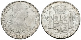 Carlos IV (1788-1808). 8 reales. 1792. México. FM. (Cal-685). Ag. 26,89 g. Parte de brillo original. MBC+. Est...120,00.