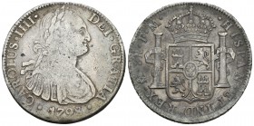 Carlos IV (1788-1808). 8 reales. 1798. México. FM. (Cal-692). Ag. 26,56 g. BC/BC+. Est...30,00.
