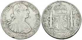 Carlos IV (1788-1808). 8 reales. 1798. México. FM. (Cal-692). Ag. 26,52 g. Raya en reverso. BC+. Est...35,00.