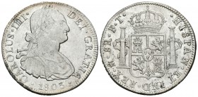 Carlos IV (1788-1808). 8 reales. 1803. México. FT. (Cal-699). Ag. 26,94 g. Rayita. Restos de brillo original. EBC-. Est...100,00.