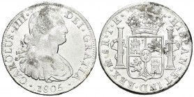 Carlos IV (1788-1808). 8 reales. 1805. México. TH. (Cal-703). Ag. 26,76 g. BC+/MBC-. Est...25,00.