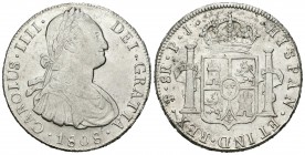 Carlos IV (1788-1808). 8 reales. 1808. Potosí. PJ. (Cal-732). Ag. 26,99 g. Oxidaciones superficiales en la corona, pero buen ejemplar. Restos de brill...
