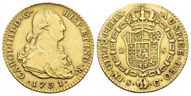 Carlos IV (1788-1808). 2 escudos. 1791. Sevilla. C. (Cal-444). Au. 6,63 g. Golpecito en el canto. MBC-/MBC. Est...260,00.