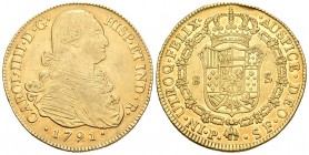 Carlos IV (1788-1808). 8 escudos. 1791. Popayán. SF. (Cal-69). (Cal onza-1051). Au. 26,94 g. Golpe en el canto. MBC+. Est...950,00.