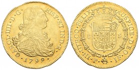 Carlos IV (1788-1808). 8 escudos. 1799. Popayán. JF. (Cal-78). (Cal onza-1062). Au. 27,00 g. Parte de brillo original. EBC. Est...1100,00.