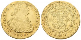 Carlos IV (1788-1808). 8 escudos. 1808. Popayán. JF. (Cal-91). (Cal onza-1075). Au. 26,97 g. Golpecito en el canto. EBC-. Est...1100,00.