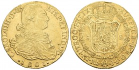Carlos IV (1788-1808). 8 escudos. 1801. Santa Fe de Nuevo Reino. JJ. (Cal-133). (Cal onza-1136). Au. 27,01 g. Marcas de engarce en en el canto. EBC-/M...