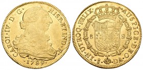 Carlos IV (1788-1808). 8 escudos. 1789. Santiago. DA. (Cal-146). (Cal onza-1151). Au. 26,99 g. Busto de Carlos III y ordinal IV. Brillo original. Esca...