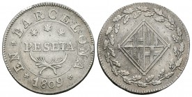 José Napoleón (1808-1814). 1 peseta. 1809. Barcelona. (Cal-45). Ag. 5,36 g. MBC. Est...175,00.