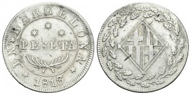 José Napoleón (1808-1814). 1 peseta. 1813. Barcelona. (Cal-50). Ag. 5,46 g. Golpes. MBC. Est...175,00.