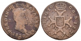 Fernando VII (1808-1833). 3 maravedís. 1820. Pamplona. (Cal-1641). Ae. 5,79 g. Moneda tipo. Rara. BC/BC+. Est...18,00.