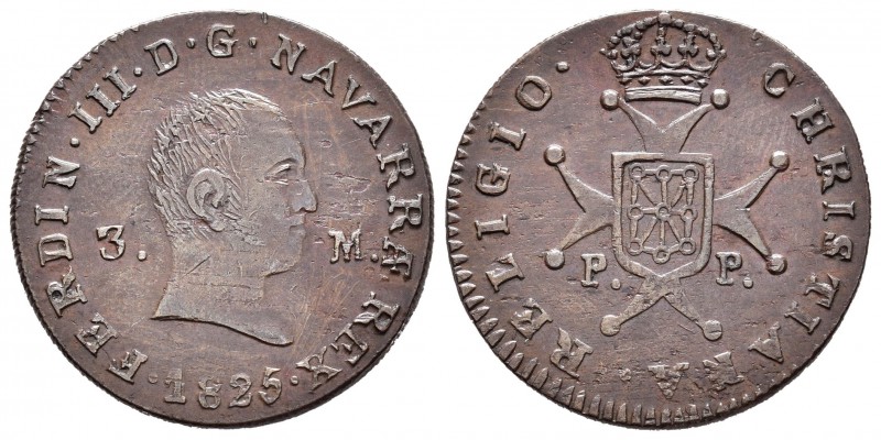 Fernando VII (1808-1833). 3 maravedís. 1825. Pamolona. (Cal-1643). Ae. 6,16 g. R...