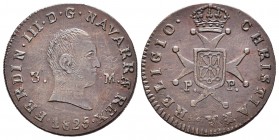 Fernando VII (1808-1833). 3 maravedís. 1825. Pamolona. (Cal-1643). Ae. 6,16 g. Rayitas. MBC. Est...45,00.