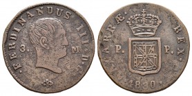 Fernando VII (1808-1833). 3 maravedís. 1830. Pamplona. (Cal-1646). Ae. 5,61 g. BC+. Est...15,00.