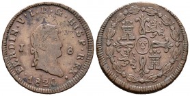 Fernando VII (1808-1833). 8 maravedís. 1820. Jubia. (Cal-1554). Ae. 10,70 g. MBC-/MBC. Est...25,00.