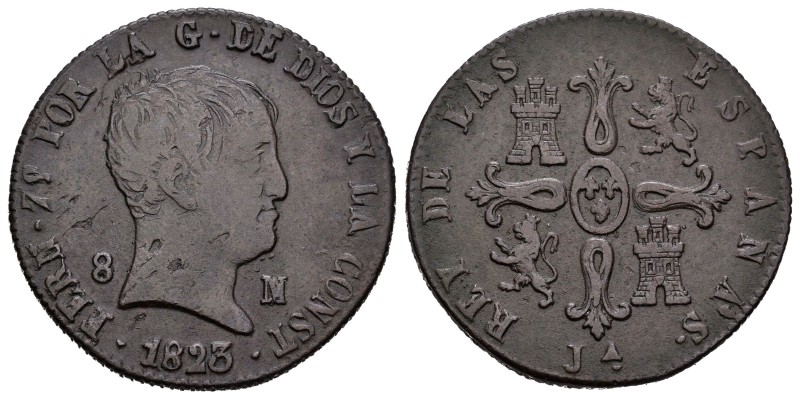 Fernando VII (1808-1833). 8 maravedís. 1823. Jubia. (Cal-1557 variante). Ae. 11,...