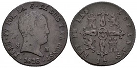 Fernando VII (1808-1833). 8 maravedís. 1823. Jubia. (Cal-1557 variante). Ae. 11,15 g. Tipo cabezón. Valor en anverso y marca de ceca JA en reverso. BC...