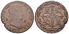 Fernando VII (1808-1833). 8 maravedís. 1827. Segovia. (Cal-1689). Ae. 11,69 g. Dos puntos a la izquierda de la fecha. Defecto en el canto. MBC+/EBC-. ...