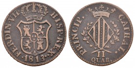 Fernando VII (1808-1833). 2 cuartos. 1813. Cataluña. (Cal-1527). Ae. 4,45 g. BC+. Est...30,00.