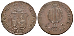 Fernando VII (1808-1833). 3 cuartos. 1814. Barcelona. (Cal-1525). Ae. 6,34 g. Escasa. MBC-. Est...45,00.