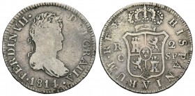 Fernando VII (1808-1833). 2 reales. 1814. Cataluña. SF. (Cal-861). Ag. 5,63 g. Escasa. BC+. Est...200,00.