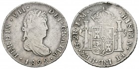 Fernando VII (1808-1833). 2 reales. 1822. Guanajuato. JM. (Cal-878). Ag. 6,65 g. Escasa. BC+. Est...65,00.