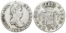 Fernando VII (1808-1833). 2 reales. 1824. Sevilla. J. (Cal-1031). Ag. 5,90 g. Escasa. MBC+. Est...110,00.