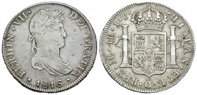 Fernando VII (1808-1833). 4 reales. 1816. Lima. JP. (Cal-745). Ag. 13,73 g. Busto poco recrecido. MBC/MBC+. Est...90,00.