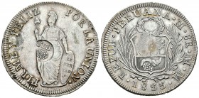 Fernando VII (1808-1833). 8 reales. 1833. Lima. MM. (Cal-536). Ag. 26,85 g. Resello F7º coronado para circular por Manila. MBC+. Est...160,00.