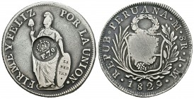 Fernando VII (1808-1833). 8 reales. 1829. Lima. MM. (Cal-536). Ag. 26,57 g. Resello F7º coronado para circular por Manila. MBC-. Est...125,00.