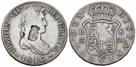 Fernando VII (1808-1833). 8 reales. 1816. Madrid. GJ. (Cal-505 variante). (De Mey-1040). Ag. 26,38 g. Resello escudo de Portugal. MBC+. Est...275,00.