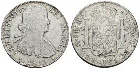 Fernando VII (1808-1833). 8 reales. 1810. México. HJ. (Cal-543). Ag. 26,67 g. Busto imaginario. Rayas. Escasa. BC. Est...40,00.