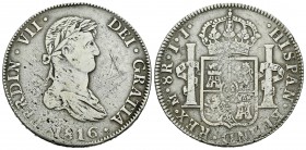 Fernando VII (1808-1833). 8 reales. 1816. México. JJ. Ag. 25,58 g. Falsa de época. Rayas en anverso. Rara. MBC. Est...75,00.