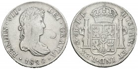 Fernando VII (1808-1833). 8 reales. 1820. México. JJ. (Cal-564). Ag. 26,59 g. Rayas en anverso. MBC-. Est...40,00.