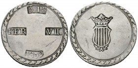 Fernando VII (1808-1833). 5 pesetas. 1809. Tarragona. (Cal-653). Ag. 26,34 g. Limpiada. MBC. Est...140,00.