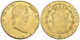 Fernando VII (1808-1833). 8 escudos. 1818. Lima. JP. (Cal-24). (Cal onza-1227). Au. 27,06 g. Vano en reverso. MBC+. Est...900,00.