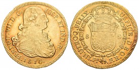 Fernando VII (1808-1833). 8 escudos. 1816. Popayán. FR. (Cal-86). (Cal onza-1297). Au. 27,00 g. Busto de Carlos IV. Sin punto delante de AUSPICE y con...