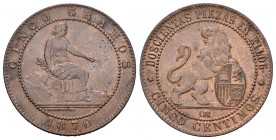 Gobierno Provisional (1868-1871). 5 céntimos. 1870. Barcelona. OM. (Cal-25). Ae. 4,89 g. Restos brillo original. EBC. Est...70,00.