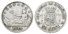 Gobierno Provisional (1868-1871). 50 céntimos. 1869*6-9. Madrid. (Cal-18). Ag. 2,47 g. BC+. Est...45,00.