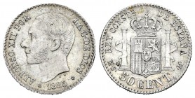 Alfonso XII (1874-1885). 50 céntimos. 1885*8-6. Madrid. MSM. (Cal-65 variante). Ag. 2,53 g. Golpecito en el canto. Restos de brillo original. Ex Cayón...