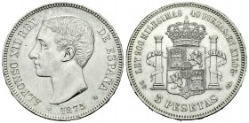 Alfonso XII (1874-1885). 5 pesetas. 1875*18-75. Madrid. DEM. (Cal-25a). Ag. 24,66 g. Golpecitos en el canto. EBC-. Est...65,00.